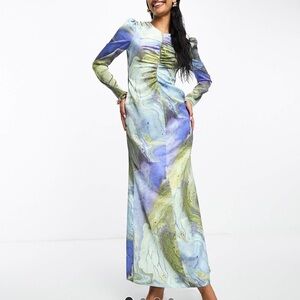 ASOS DESIGN marble print long sleeve ruched maxi dress size US 4